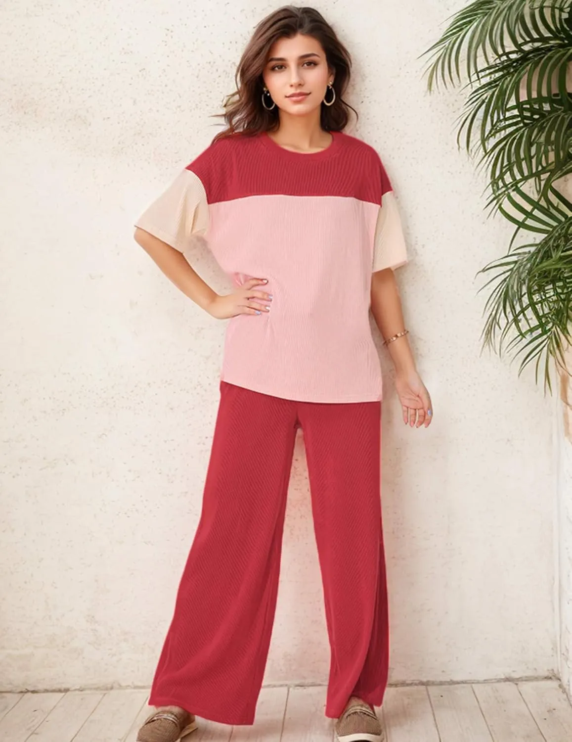 Women's Pajama Sets Casual Color Block Knit Lounge Set 2 Piece Crew Neck Loungewear Outfits with Pocket