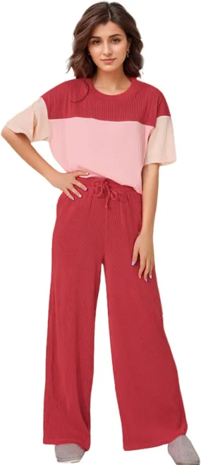 Women's Pajama Sets Casual Color Block Knit Lounge Set 2 Piece Crew Neck Loungewear Outfits with Pocket
