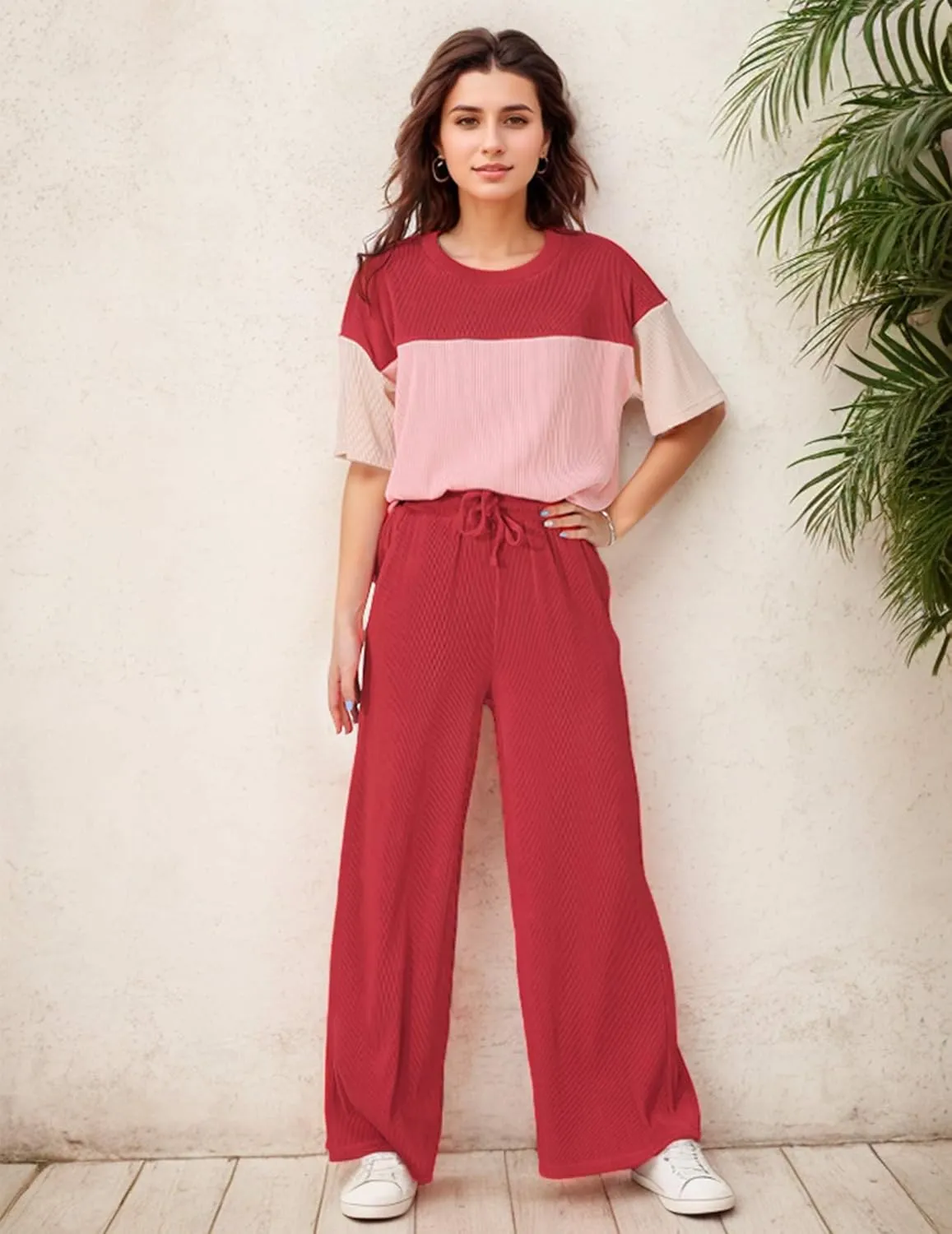 Women's Pajama Sets Casual Color Block Knit Lounge Set 2 Piece Crew Neck Loungewear Outfits with Pocket