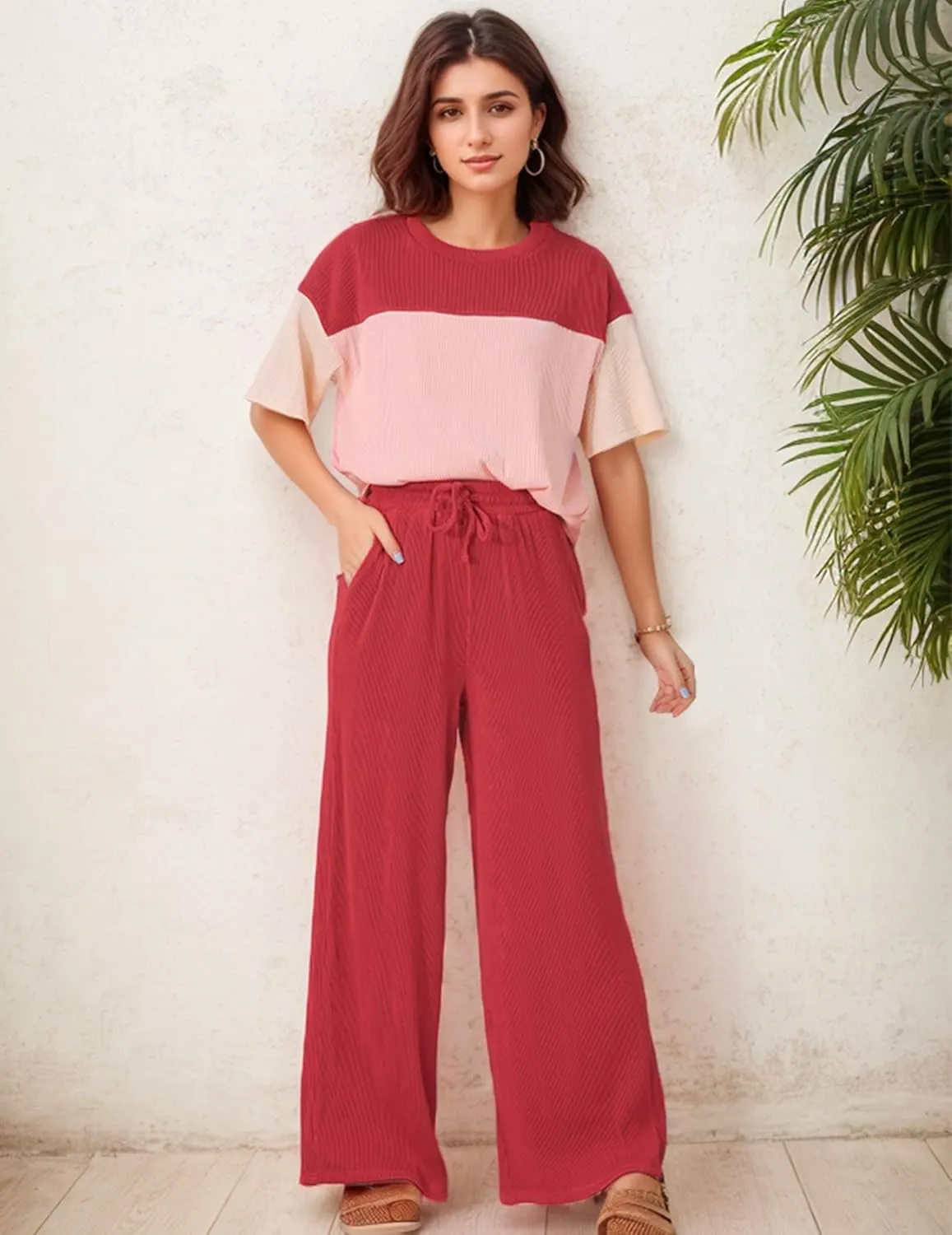 Women's Pajama Sets Casual Color Block Knit Lounge Set 2 Piece Crew Neck Loungewear Outfits with Pocket
