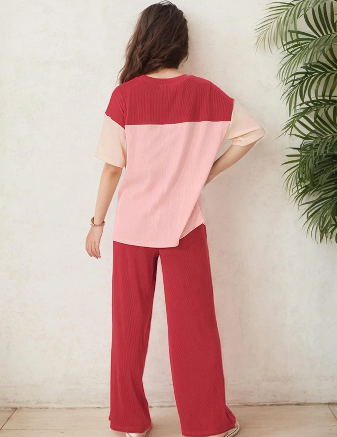 Women's Pajama Sets Casual Color Block Knit Lounge Set 2 Piece Crew Neck Loungewear Outfits with Pocket