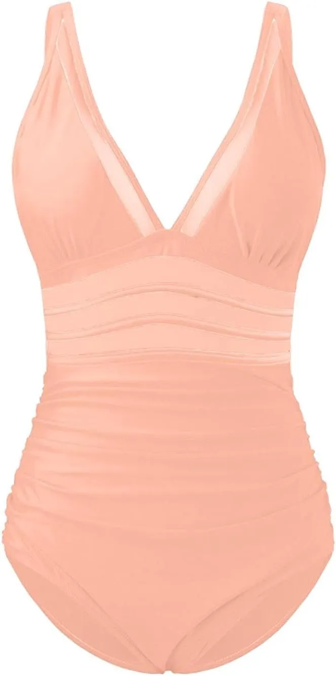 Women's Sexy Mesh & Hollow Out One Piece Swimsuit with Tummy Control V-Neck Push Up Modest Slimming Bathing Suits