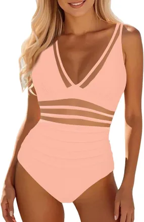 Women's Sexy Mesh & Hollow Out One Piece Swimsuit with Tummy Control V-Neck Push Up Modest Slimming Bathing Suits