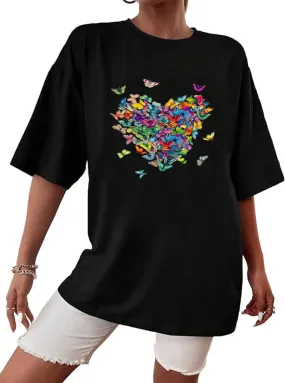 Women's Short Sleeve Heart Butterfly Graphic Tee Shirt Vintage Casual Loose Cotton T Shirt Summer Tops