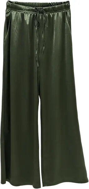 Women's Silk Wide Leg Pants, Loose Comfortable Straight Leg Casual Trousers, High Waist Elastic Waistband Long Pants
