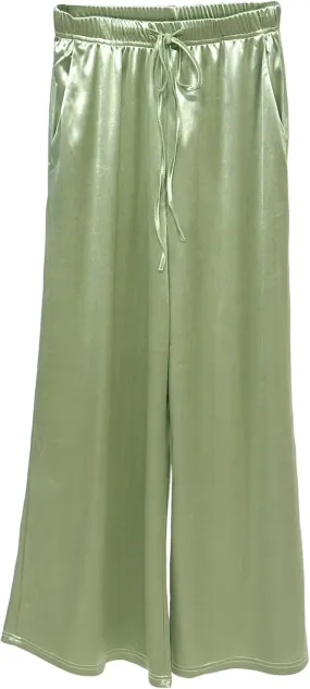 Women's Silk Wide Leg Pants, Loose Comfortable Straight Leg Casual Trousers, High Waist Elastic Waistband Long Pants