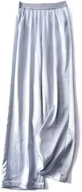 Women's Silk Wide Leg Pants, Loose Comfortable Straight Leg Casual Trousers, High Waist Elastic Waistband Long Pants