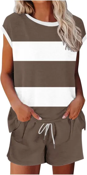 Women's Summer 2 Piece Outfits Lounge Sets Cap Sleeve Tee Shirts Tops Print Shorts Casual Tracksuit With Pocket 2025