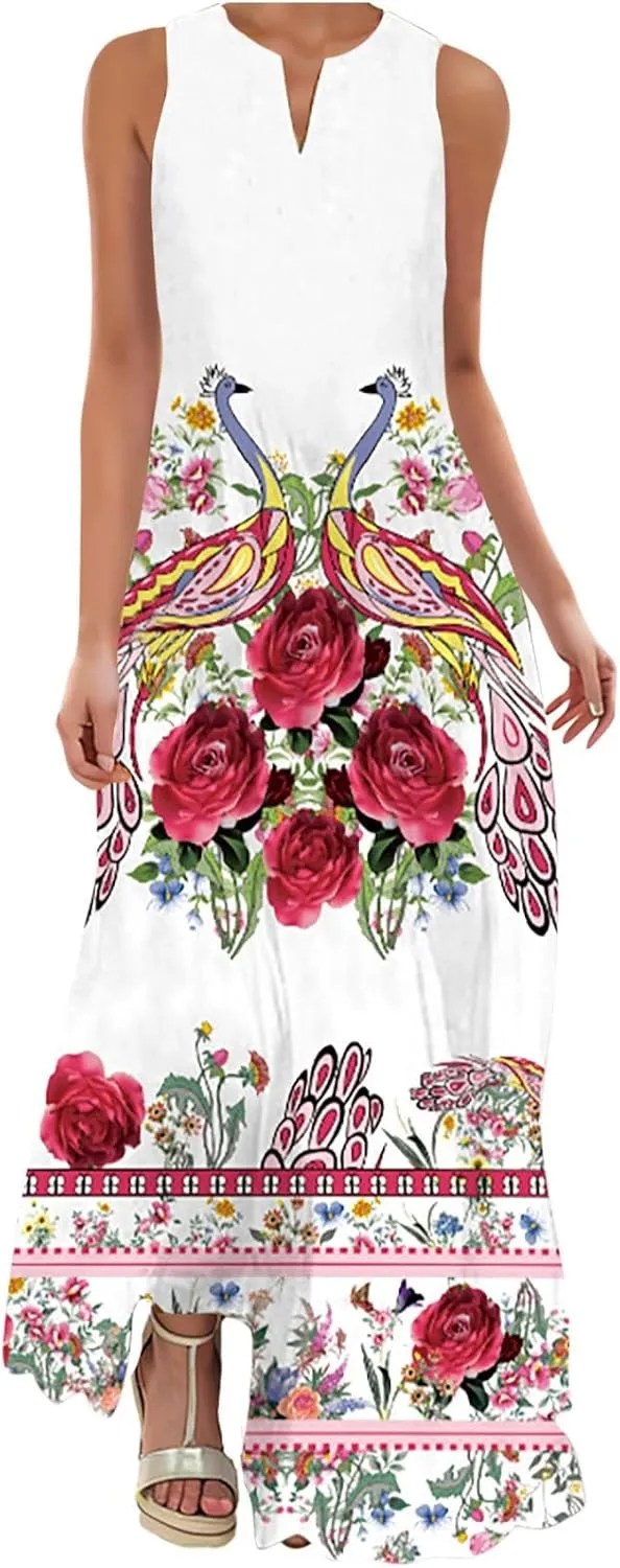 Women's Summer Elegant Long Dress Fashion Floral Print Irregular Hem Maxi Dress Casual V Neck Sleeveless Loose Dress