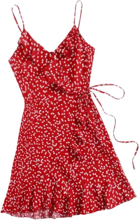Womens Summer Floral Dress Pleated Ruffle Trim Spaghetti Strap Mini Dress Sexy V Neck Beach Vacation Sundress