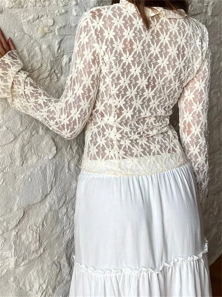 Women's Summer Lace Floral Flare Sleeve Front Lace-up See Through Slim Cardigan Clubwear Blouse