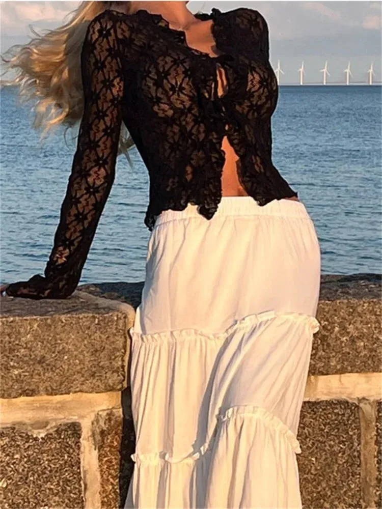 Women's Summer Lace Floral Flare Sleeve Front Lace-up See Through Slim Cardigan Clubwear Blouse