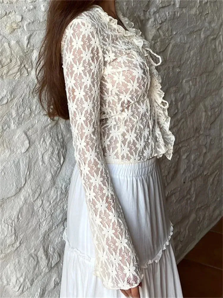 Women's Summer Lace Floral Flare Sleeve Front Lace-up See Through Slim Cardigan Clubwear Blouse