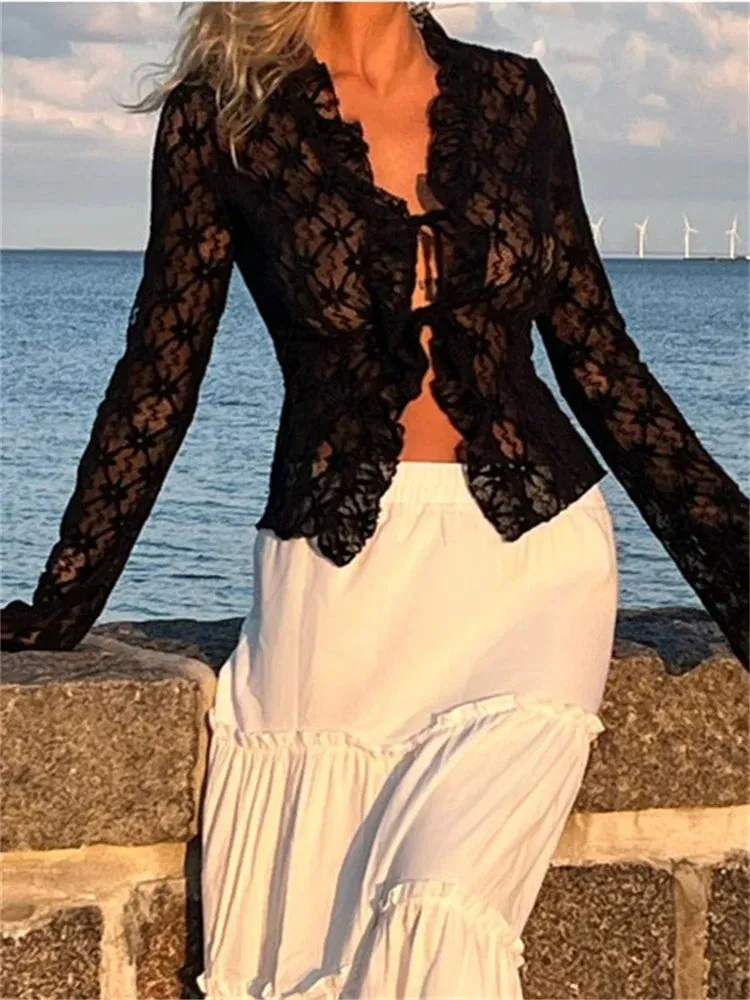 Women's Summer Lace Floral Flare Sleeve Front Lace-up See Through Slim Cardigan Clubwear Blouse