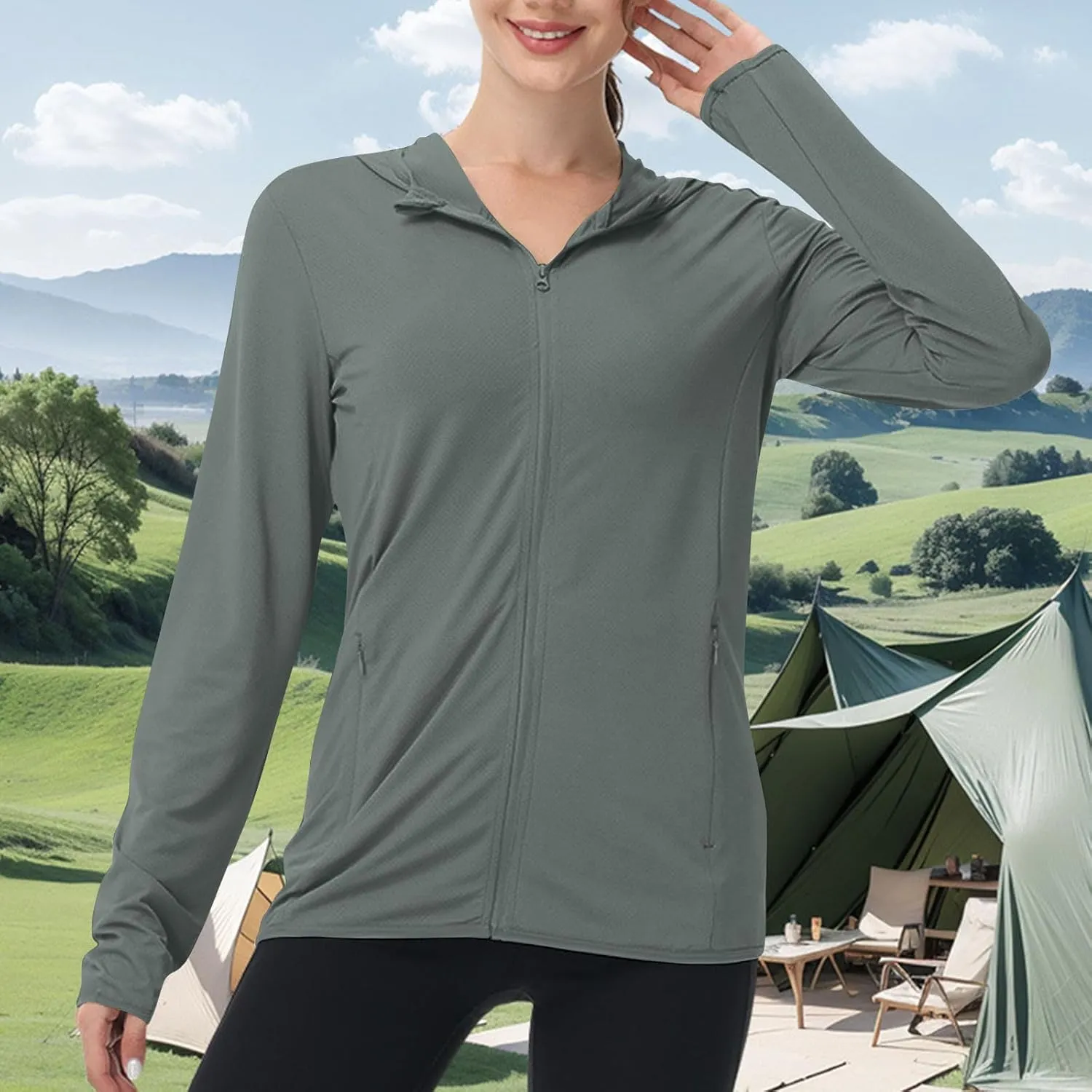 Womens Sun Shirts Full Zip UPF 50  Protection Hoodie Jacket Long Sleeve Summer Hiking Outdoor Lightweight Jackets