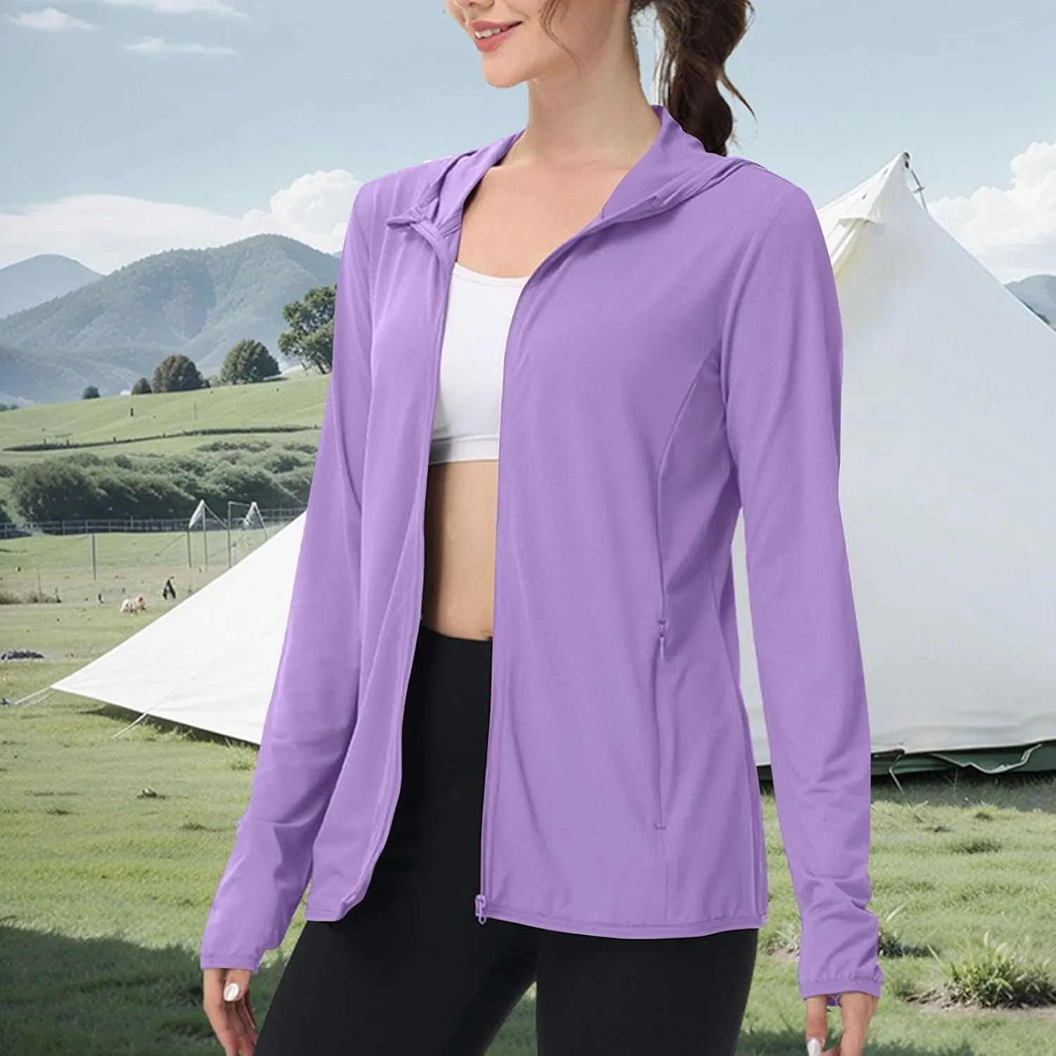 Womens Sun Shirts Full Zip UPF 50  Protection Hoodie Jacket Long Sleeve Summer Hiking Outdoor Lightweight Jackets