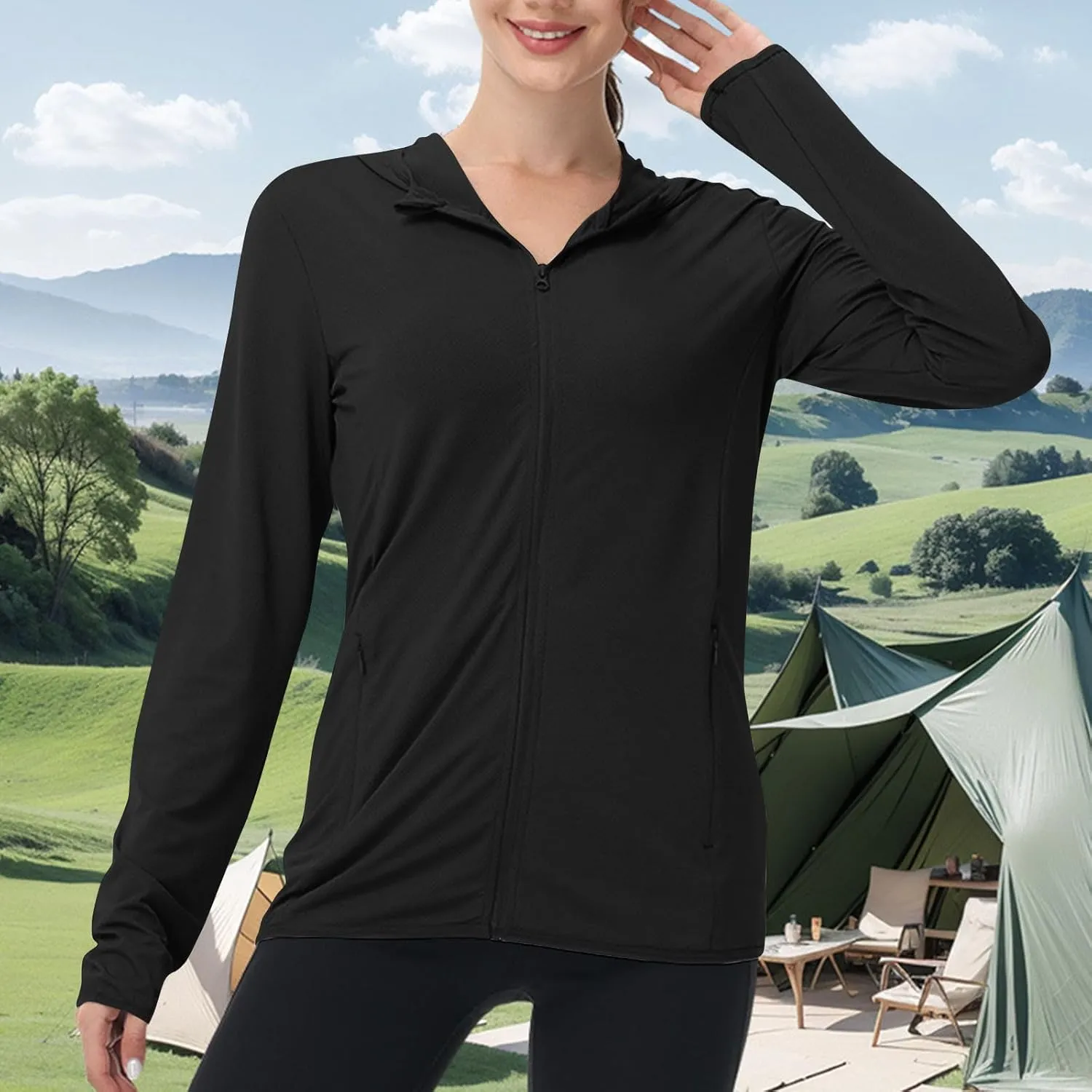 Womens Sun Shirts Full Zip UPF 50  Protection Hoodie Jacket Long Sleeve Summer Hiking Outdoor Lightweight Jackets