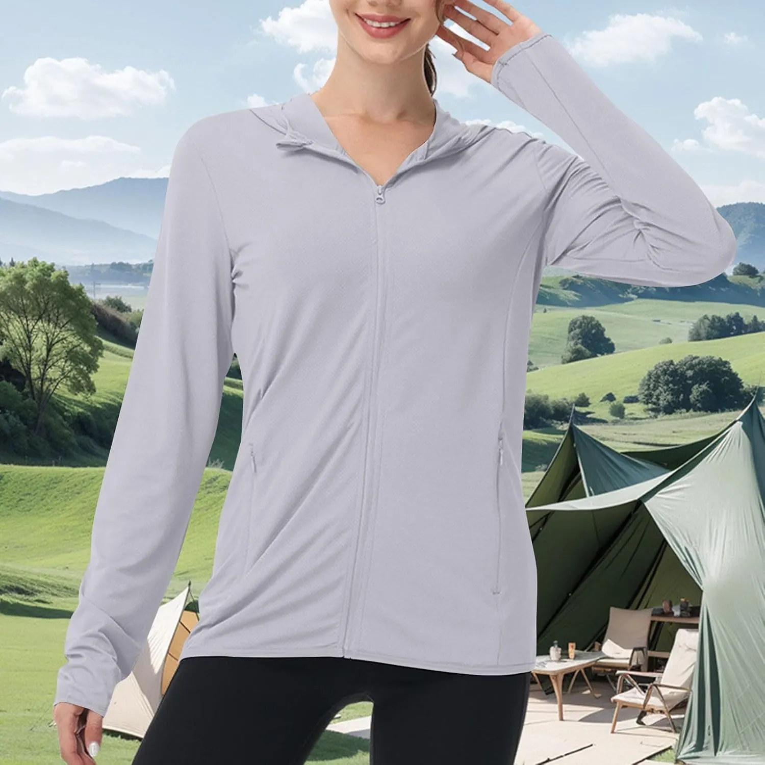 Womens Sun Shirts Full Zip UPF 50  Protection Hoodie Jacket Long Sleeve Summer Hiking Outdoor Lightweight Jackets
