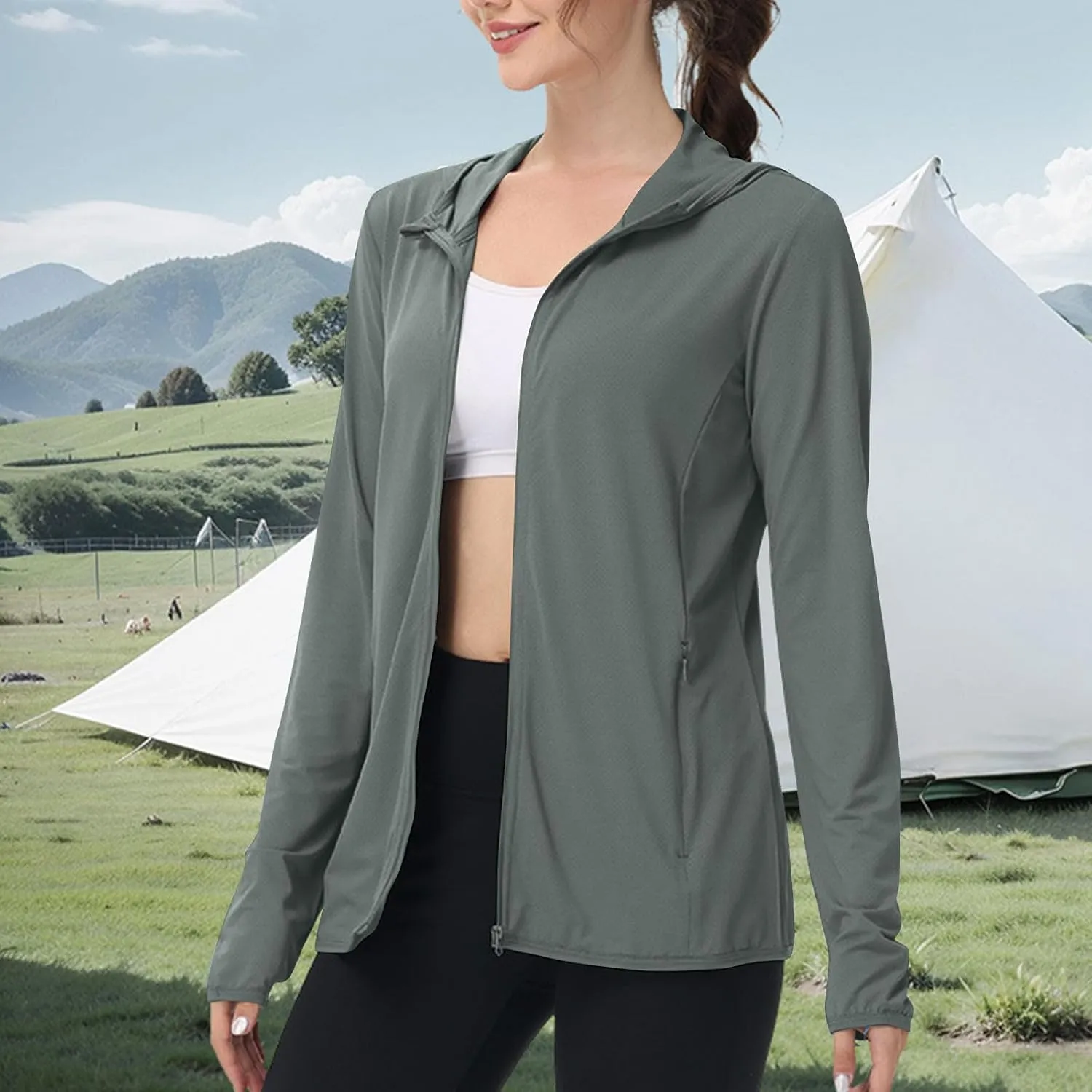 Womens Sun Shirts Full Zip UPF 50  Protection Hoodie Jacket Long Sleeve Summer Hiking Outdoor Lightweight Jackets