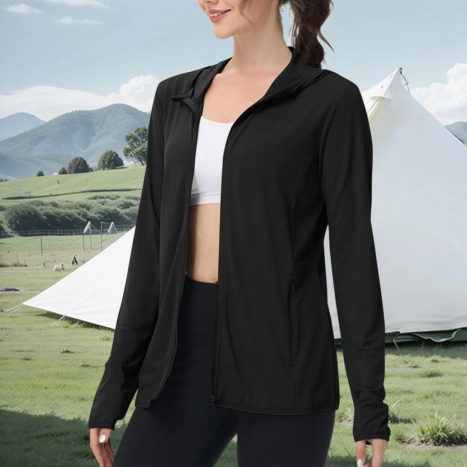 Womens Sun Shirts Full Zip UPF 50  Protection Hoodie Jacket Long Sleeve Summer Hiking Outdoor Lightweight Jackets