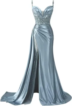 YOFF V Neck Satin Prom Dresses Long Sequin Mermaid Lace Evening Gown with Slit Formal Dress with Tail YO199