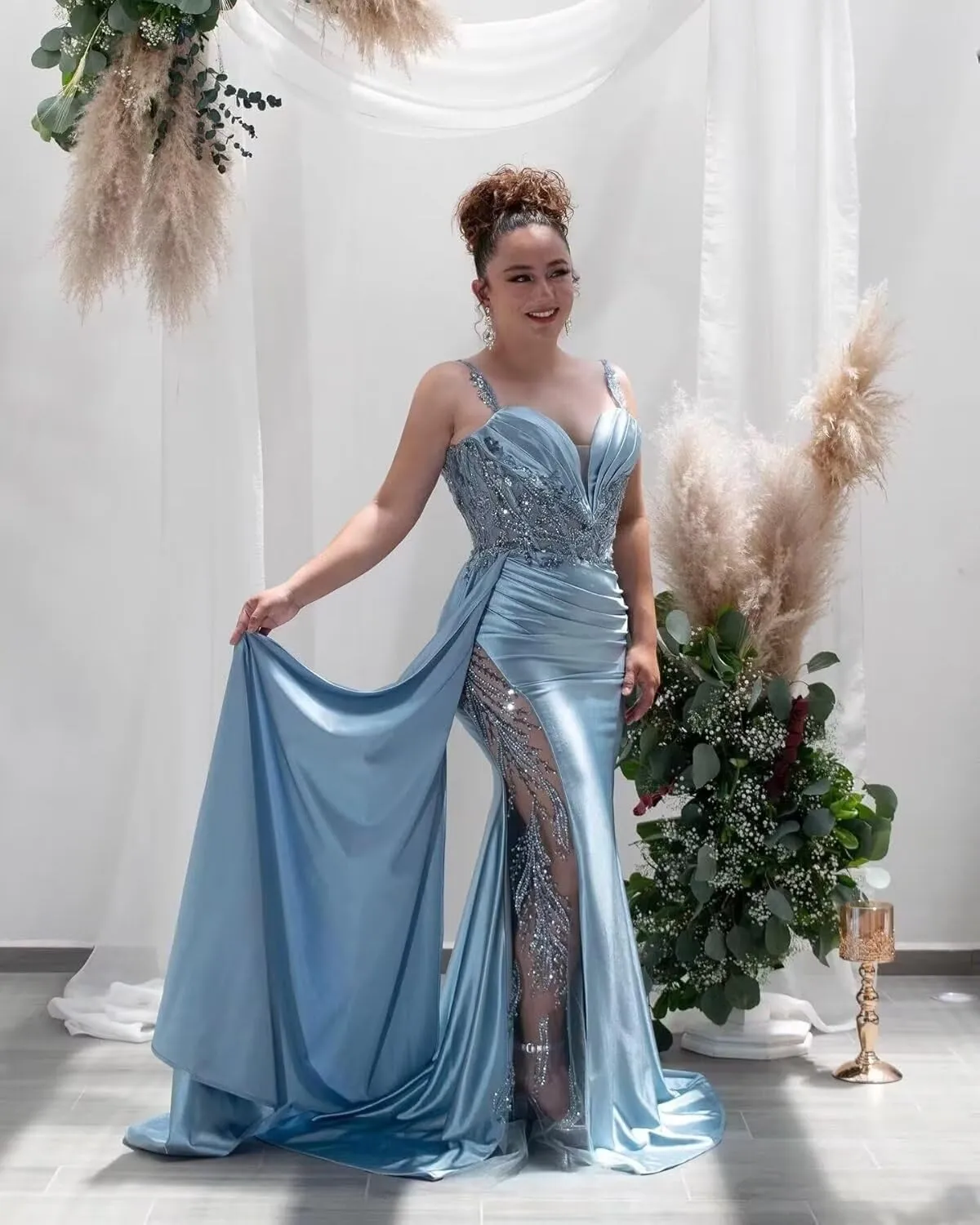 YOFF V Neck Satin Prom Dresses Long Sequin Mermaid Lace Evening Gown with Slit Formal Dress with Tail YO199
