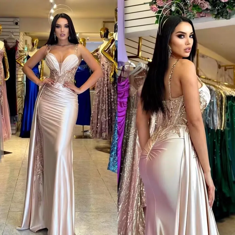 YOFF V Neck Satin Prom Dresses Long Sequin Mermaid Lace Evening Gown with Slit Formal Dress with Tail YO199
