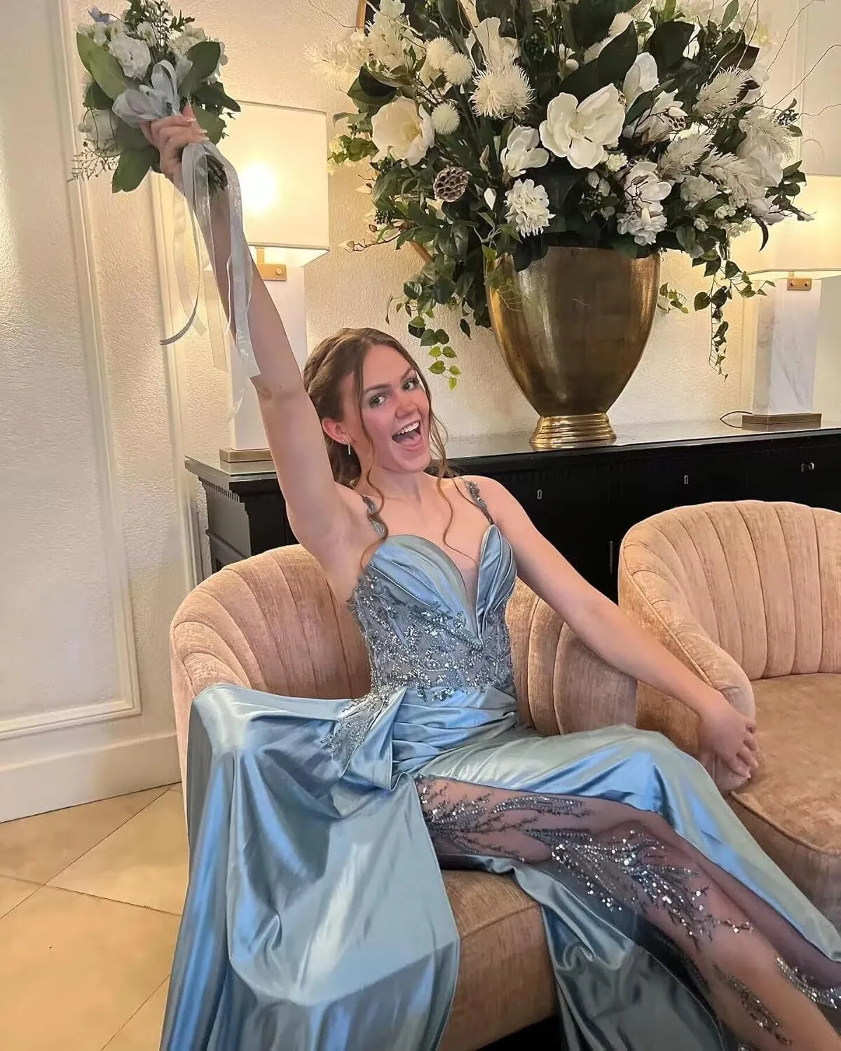 YOFF V Neck Satin Prom Dresses Long Sequin Mermaid Lace Evening Gown with Slit Formal Dress with Tail YO199