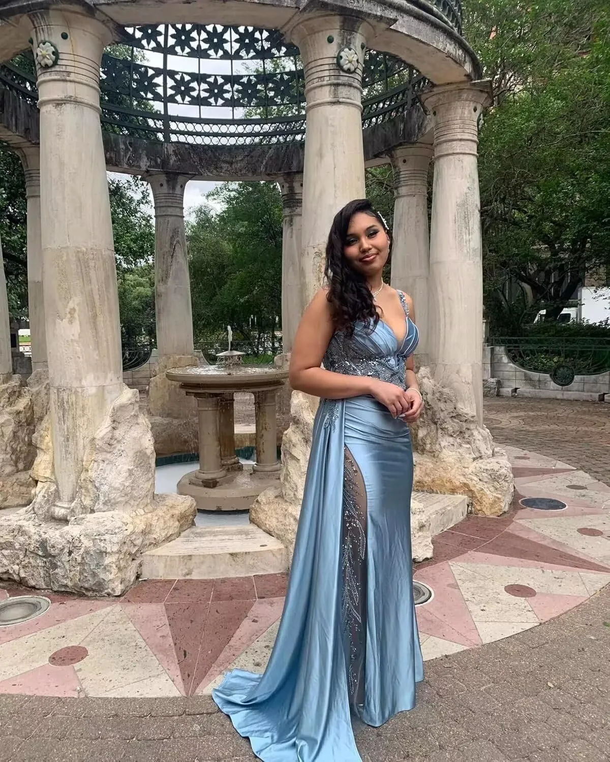 YOFF V Neck Satin Prom Dresses Long Sequin Mermaid Lace Evening Gown with Slit Formal Dress with Tail YO199