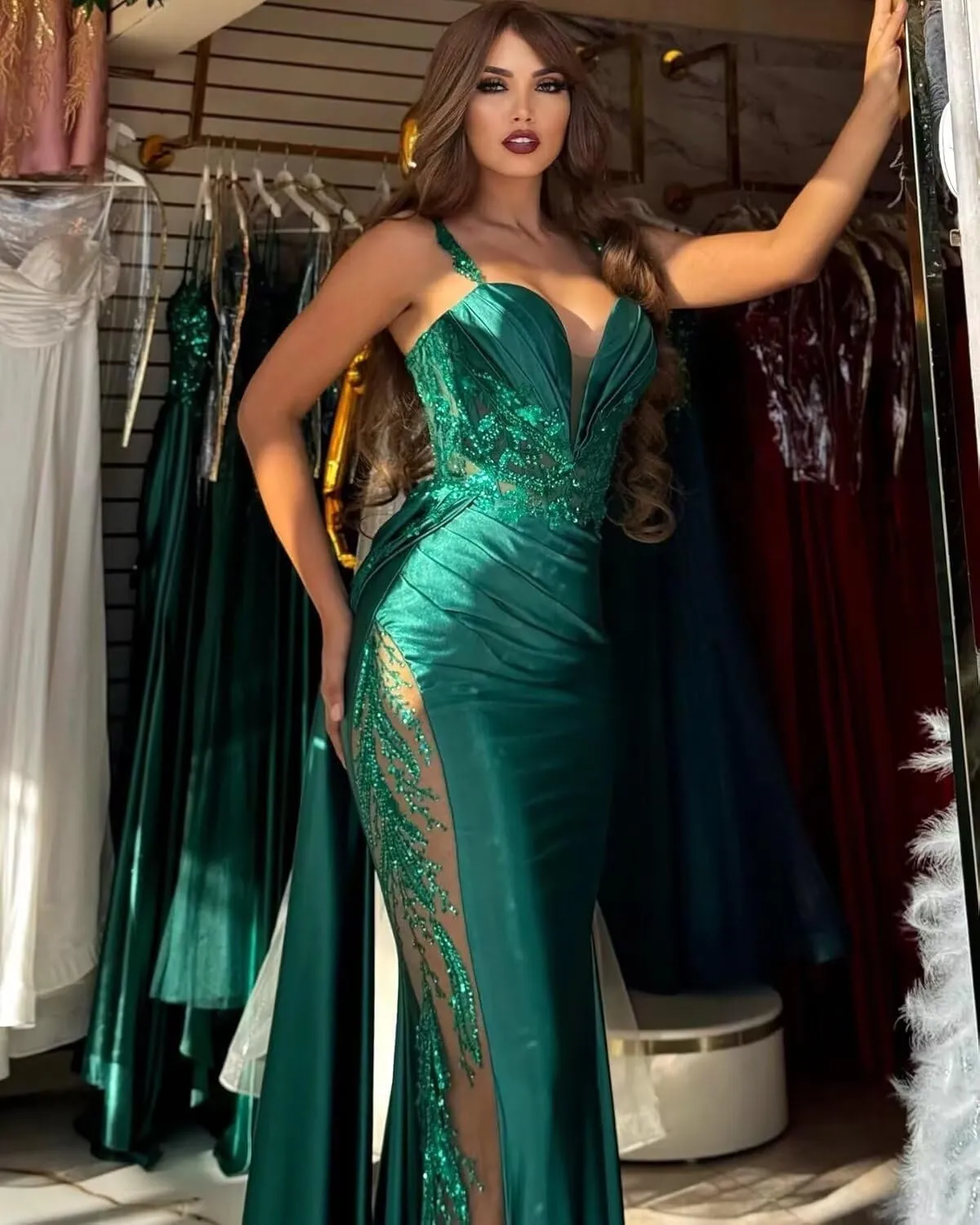 YOFF V Neck Satin Prom Dresses Long Sequin Mermaid Lace Evening Gown with Slit Formal Dress with Tail YO199