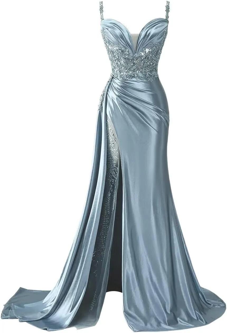 YOFF V Neck Satin Prom Dresses Long Sequin Mermaid Lace Evening Gown with Slit Formal Dress with Tail YO199
