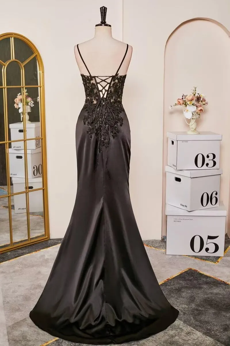 Zeeyecie V-Neck Satin Prom Dresses Lace Applique Spaghetti Straps Mermaid Beaded Evening Formal Ball Gowns with Slit