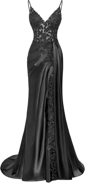 Zeeyecie V-Neck Satin Prom Dresses Lace Applique Spaghetti Straps Mermaid Beaded Evening Formal Ball Gowns with Slit